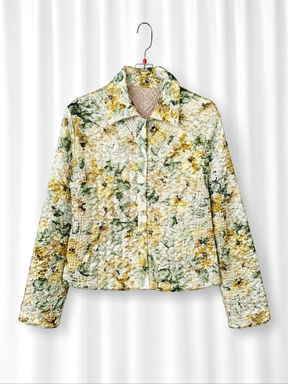 UbU Reversible Floral Champagne Gold Textured Crinkle Zip Front Y2K Jacket